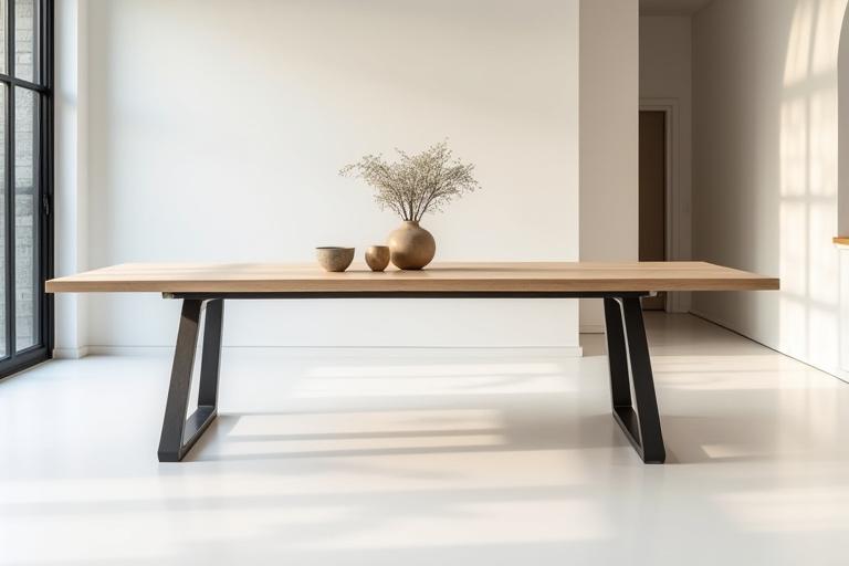 Et stilfuldt, håndlavet spisebord i massivt træ med metalben