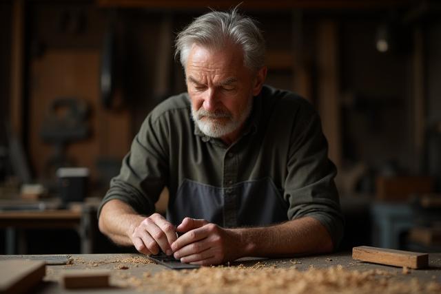 Grundlægger arbejder omhyggeligt i et snedkerværksted med træ og værktøj.
